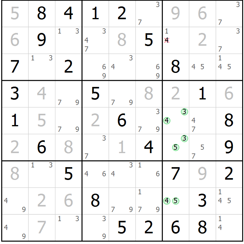 Position des candidats pour la solution de la Gr 36 page 39 du magazine de sudoku Virtuose n° 126