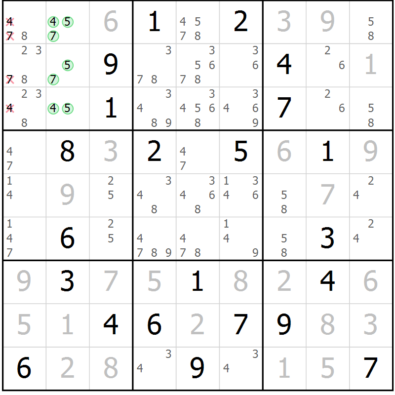 Position des candidats pour la solution de la Gr 4 page 7 du magazine de sudoku Virtuose n° 126