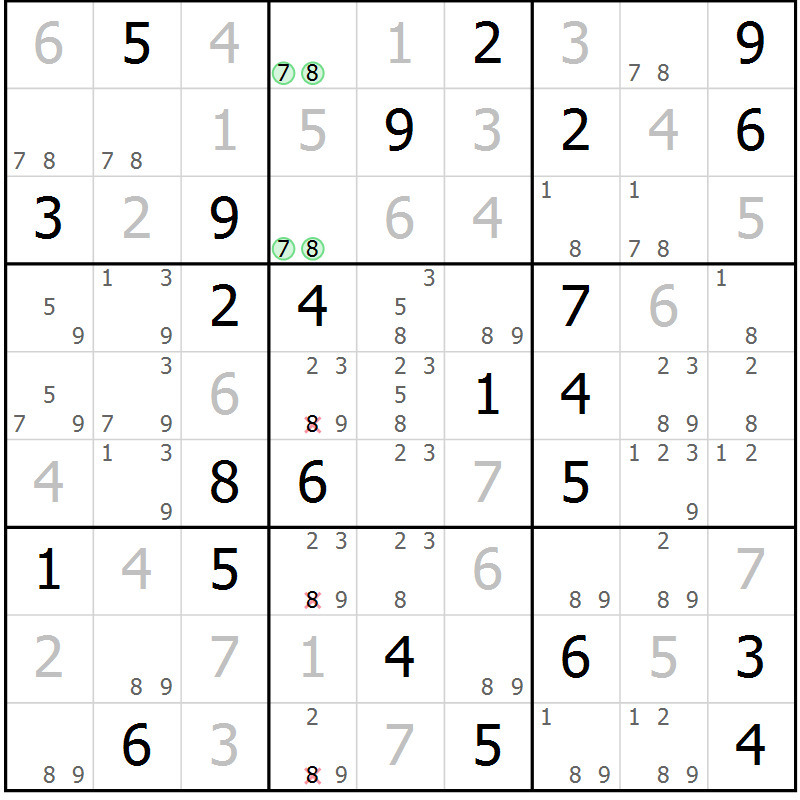 Position des candidats pour la solution de la Gr 42 page 45 du magazine de sudoku Virtuose n° 126