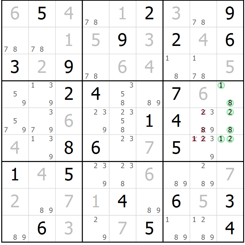 Position des candidats pour la solution de la Gr 42 page 45 du magazine de sudoku Virtuose n° 126