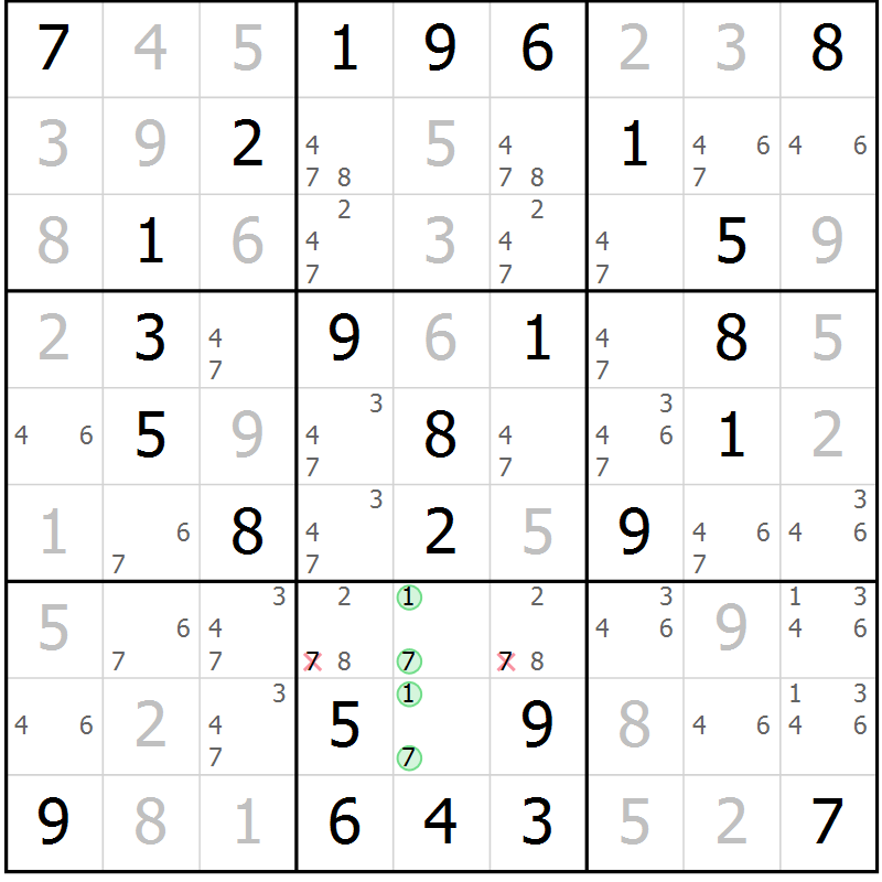 Position des candidats pour la solution de la Gr 43 page 46 du magazine de sudoku Virtuose n° 126
