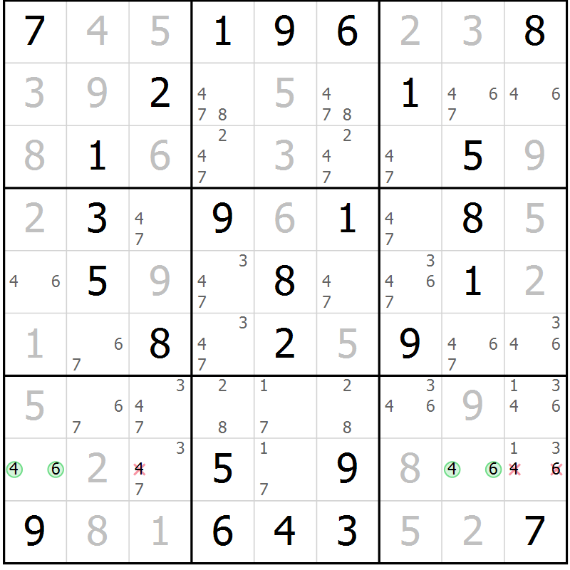 Position des candidats pour la solution de la Gr 43 page 46 du magazine de sudoku Virtuose n° 126