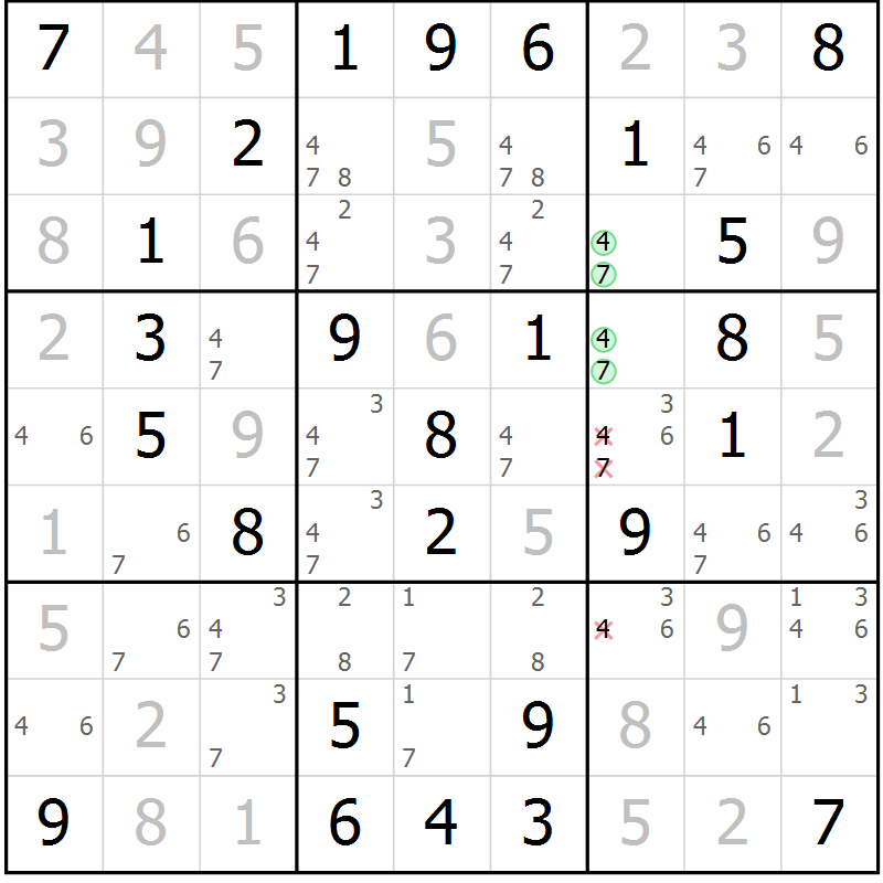 Position des candidats pour la solution de la Gr 43 page 46 du magazine de sudoku Virtuose n° 126