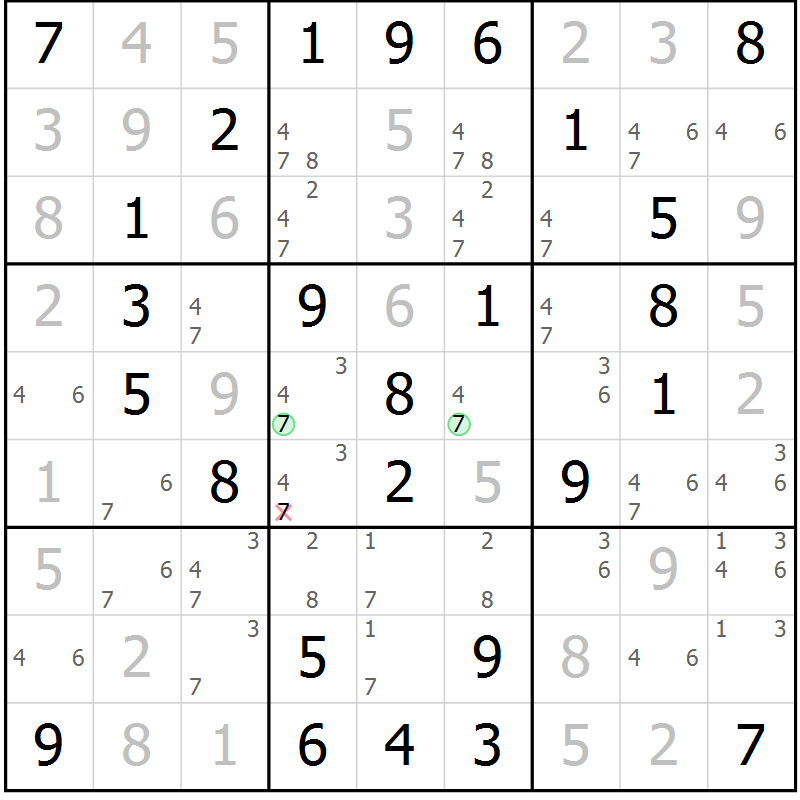 Position des candidats pour la solution de la Gr 43 page 46 du magazine de sudoku Virtuose n° 126