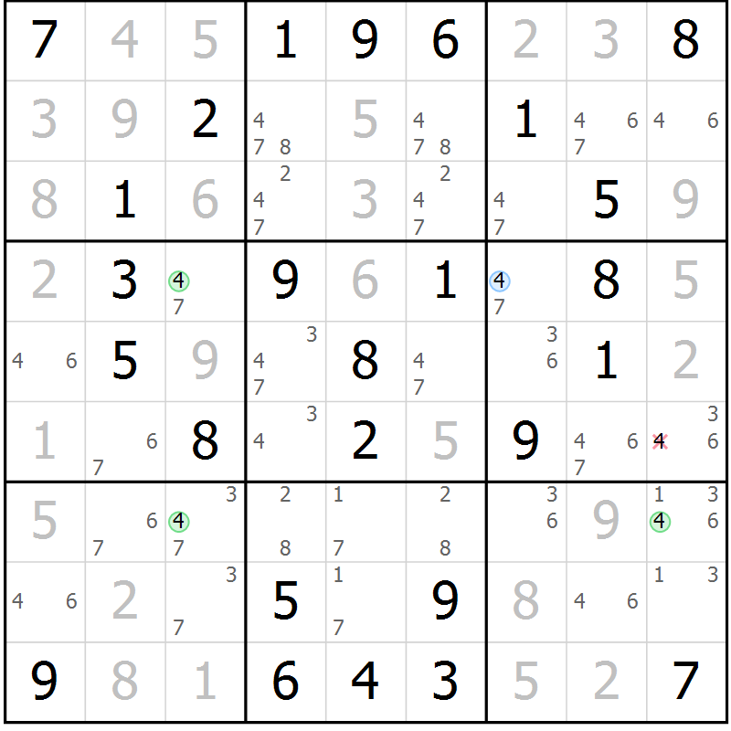 Position des candidats pour la solution de la Gr 43 page 46 du magazine de sudoku Virtuose n° 126