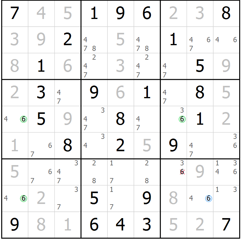 Position des candidats pour la solution de la Gr 43 page 46 du magazine de sudoku Virtuose n° 126