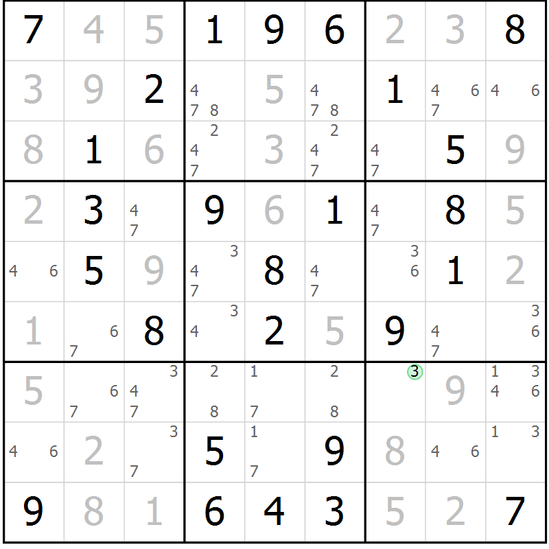 Position des candidats pour la solution de la Gr 43 page 46 du magazine de sudoku Virtuose n° 126