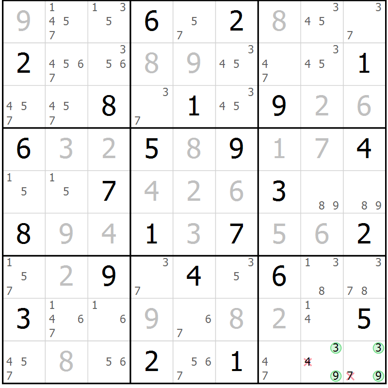 Position des candidats pour la solution de la Gr 45 page 48 du magazine de sudoku Virtuose n° 126
