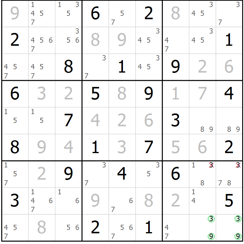 Position des candidats pour la solution de la Gr 45 page 48 du magazine de sudoku Virtuose n° 126