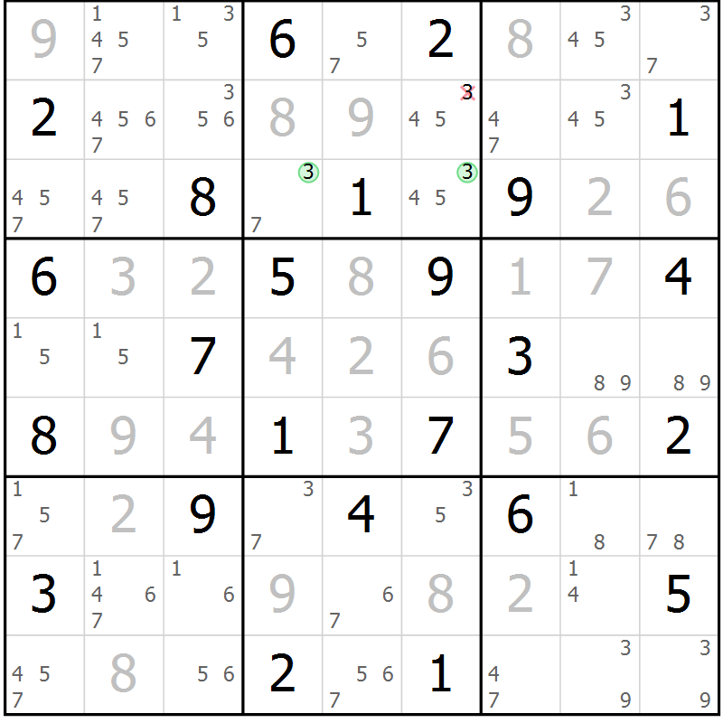 Position des candidats pour la solution de la Gr 45 page 48 du magazine de sudoku Virtuose n° 126