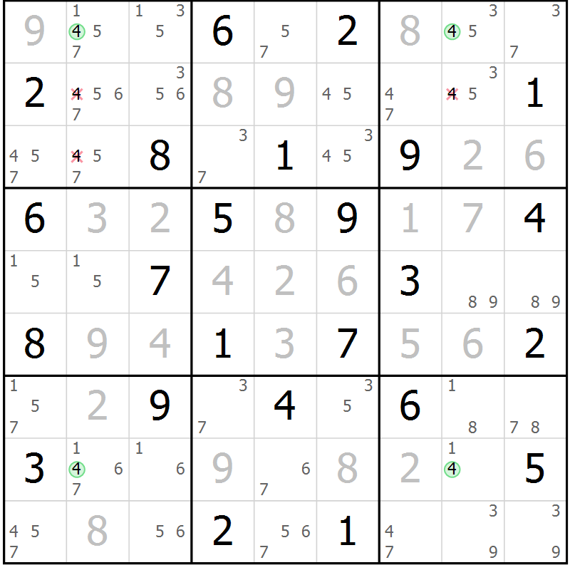 Position des candidats pour la solution de la Gr 45 page 48 du magazine de sudoku Virtuose n° 126