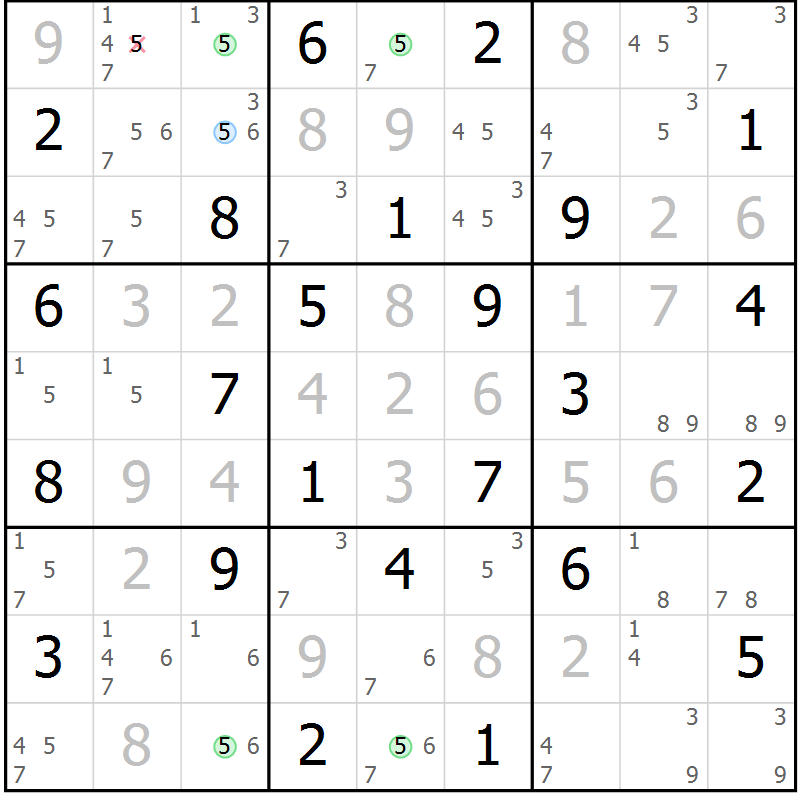 Position des candidats pour la solution de la Gr 45 page 48 du magazine de sudoku Virtuose n° 126