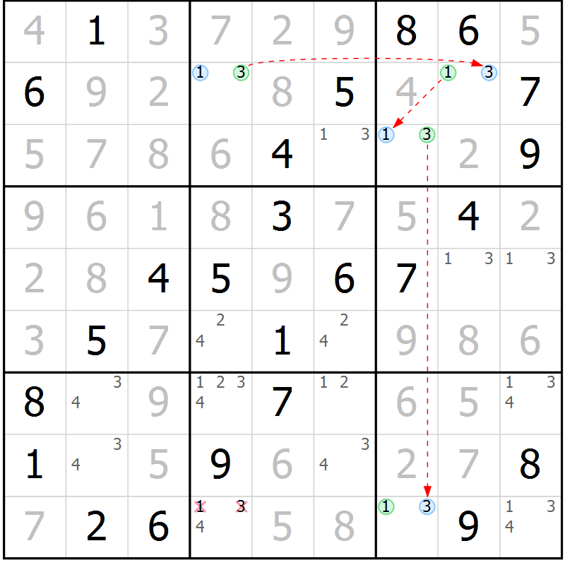 Position des candidats pour la solution de la Gr 46 page 49 du magazine de sudoku Virtuose n° 126