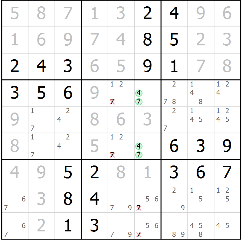 Position des candidats pour la solution de la Gr 47 page 50 du magazine de sudoku Virtuose n° 126