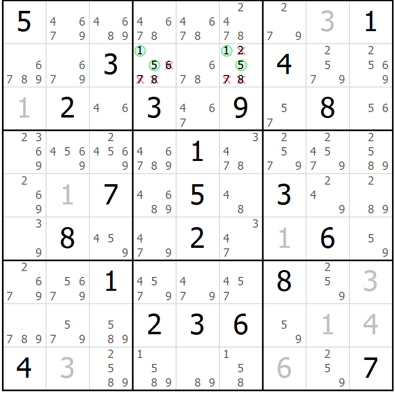 Position des candidats pour la solution de la Gr 5 page 8 du magazine de sudoku Virtuose n° 126