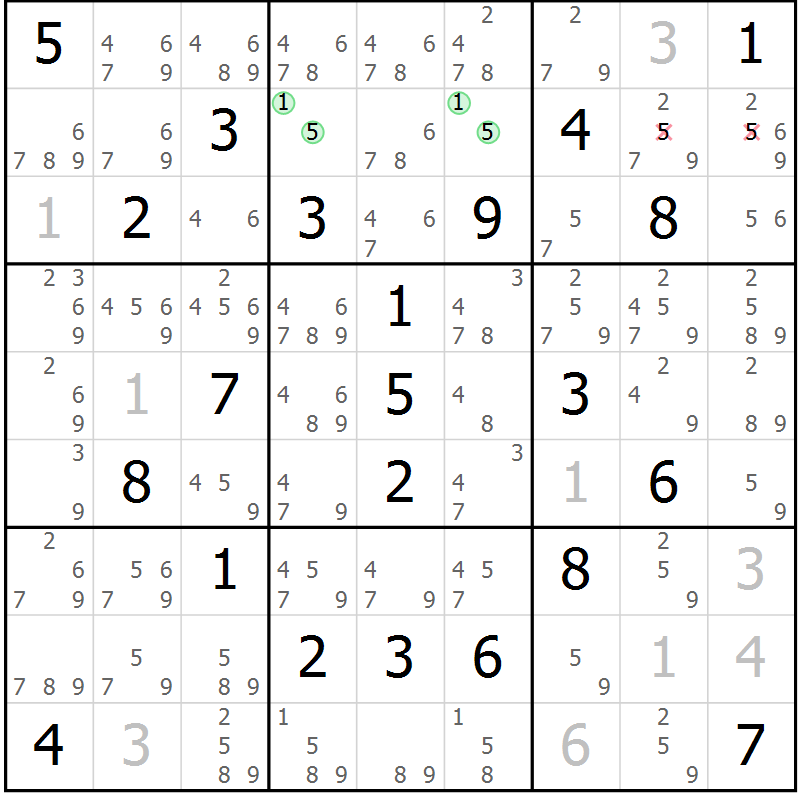 Position des candidats pour la solution de la Gr 5 page 8 du magazine de sudoku Virtuose n° 126