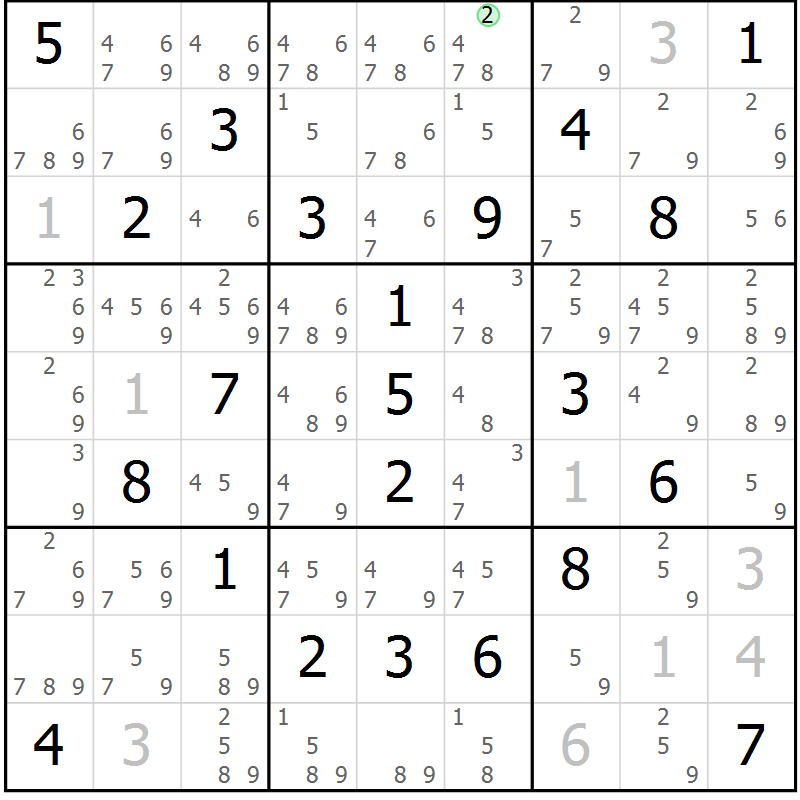 Position des candidats pour la solution de la Gr 5 page 8 du magazine de sudoku Virtuose n° 126