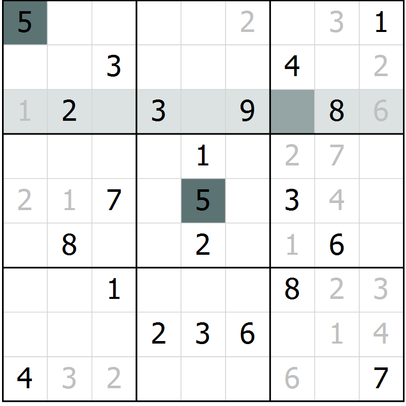 Position des candidats pour la solution de la Gr 5 page 8 du magazine de sudoku Virtuose n° 126