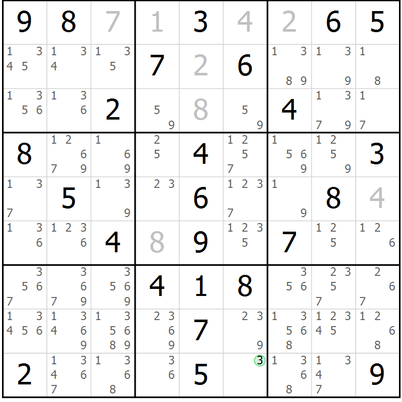 Position des candidats pour la solution de la Gr 52 page 55 du magazine de sudoku Virtuose n° 126