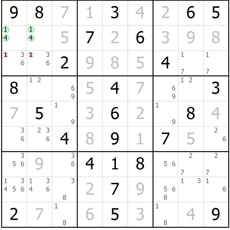 Position des candidats pour la solution de la Gr 52 page 55 du magazine de sudoku Virtuose n° 126