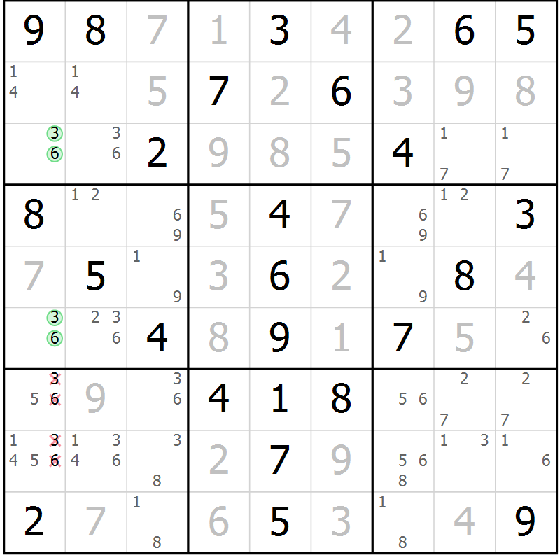 Position des candidats pour la solution de la Gr 52 page 55 du magazine de sudoku Virtuose n° 126