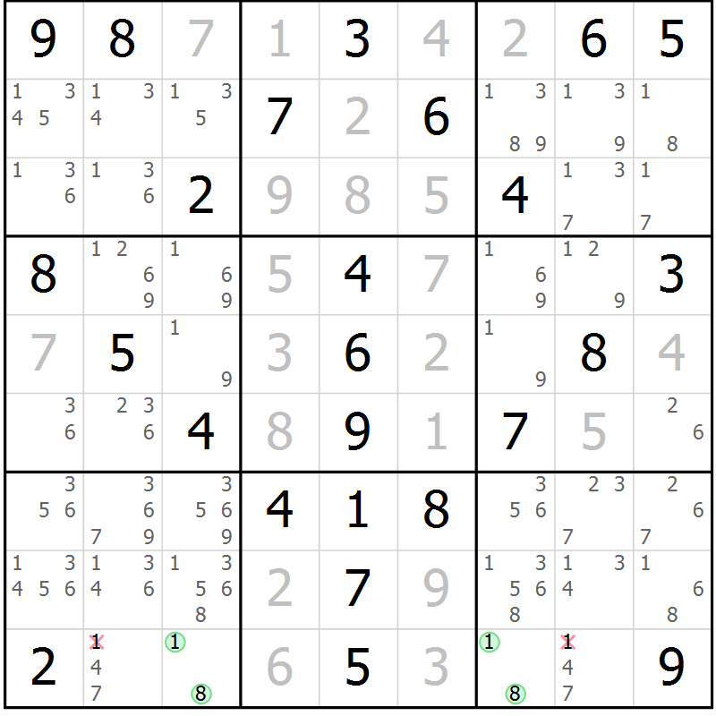 Position des candidats pour la solution de la Gr 52 page 55 du magazine de sudoku Virtuose n° 126
