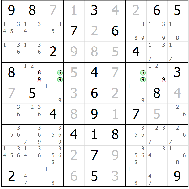 Position des candidats pour la solution de la Gr 52 page 55 du magazine de sudoku Virtuose n° 126