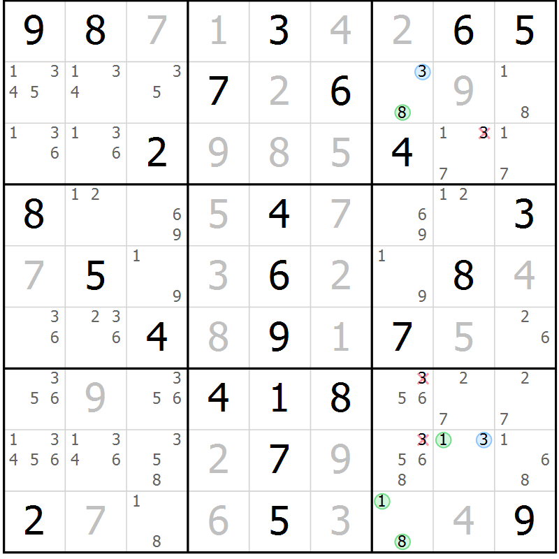 Position des candidats pour la solution de la Gr 52 page 55 du magazine de sudoku Virtuose n° 126