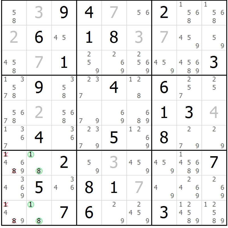 Position des candidats pour la solution de la Gr 53 page 56 du magazine de sudoku Virtuose n° 126
