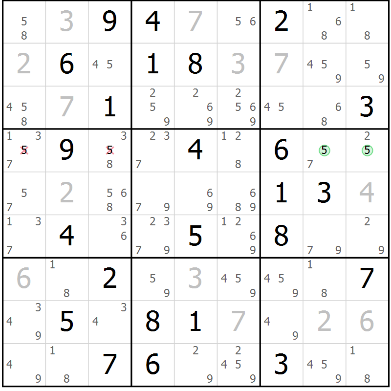 Position des candidats pour la solution de la Gr 53 page 56 du magazine de sudoku Virtuose n° 126