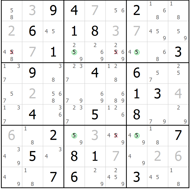 Position des candidats pour la solution de la Gr 53 page 56 du magazine de sudoku Virtuose n° 126