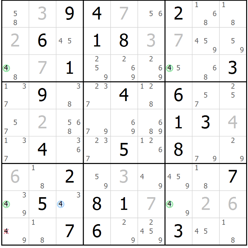 Position des candidats pour la solution de la Gr 53 page 56 du magazine de sudoku Virtuose n° 126