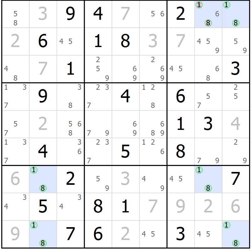 Position des candidats pour la solution de la Gr 53 page 56 du magazine de sudoku Virtuose n° 126