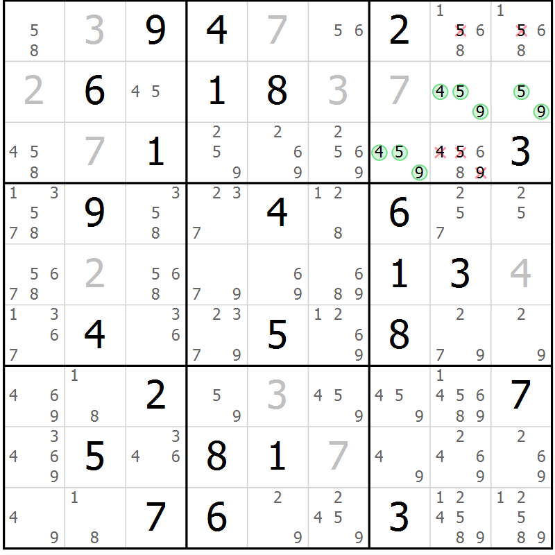 Position des candidats pour la solution de la Gr 53 page 56 du magazine de sudoku Virtuose n° 126