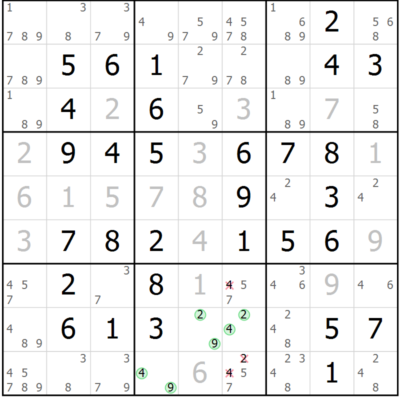 Position des candidats pour la solution de la Gr 54 page 57 du magazine de sudoku Virtuose n° 126