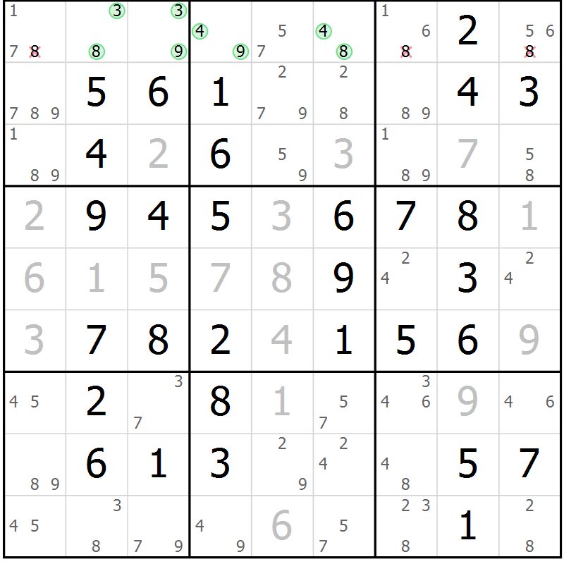 Position des candidats pour la solution de la Gr 54 page 57 du magazine de sudoku Virtuose n° 126