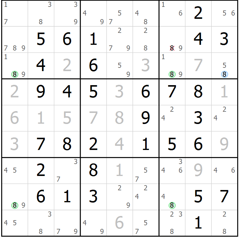 Position des candidats pour la solution de la Gr 54 page 57 du magazine de sudoku Virtuose n° 126