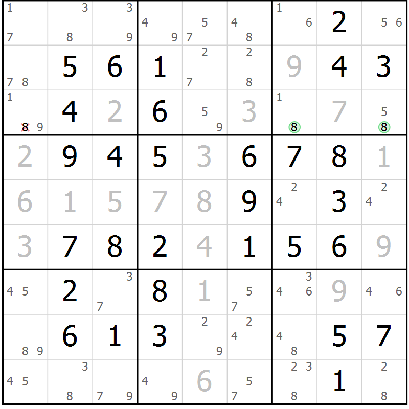 Position des candidats pour la solution de la Gr 54 page 57 du magazine de sudoku Virtuose n° 126