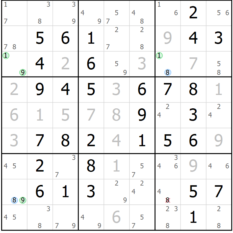Position des candidats pour la solution de la Gr 54 page 57 du magazine de sudoku Virtuose n° 126