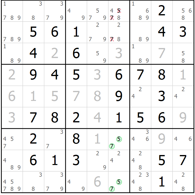 Position des candidats pour la solution de la Gr 54 page 57 du magazine de sudoku Virtuose n° 126