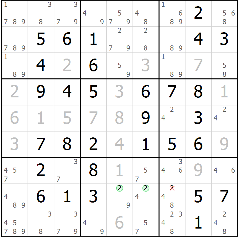 Position des candidats pour la solution de la Gr 54 page 57 du magazine de sudoku Virtuose n° 126