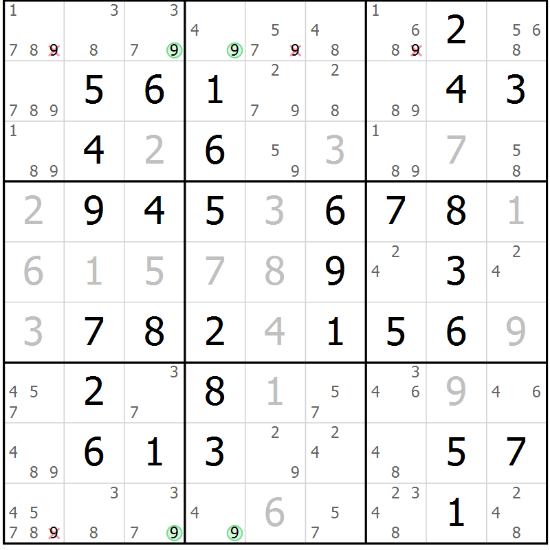 Position des candidats pour la solution de la Gr 54 page 57 du magazine de sudoku Virtuose n° 126