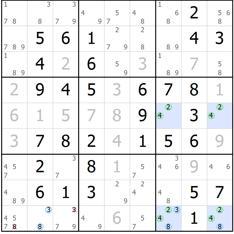 Position des candidats pour la solution de la Gr 54 page 57 du magazine de sudoku Virtuose n° 126