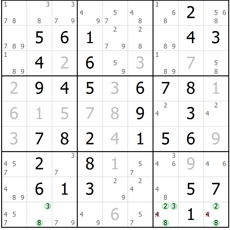 Position des candidats pour la solution de la Gr 54 page 57 du magazine de sudoku Virtuose n° 126