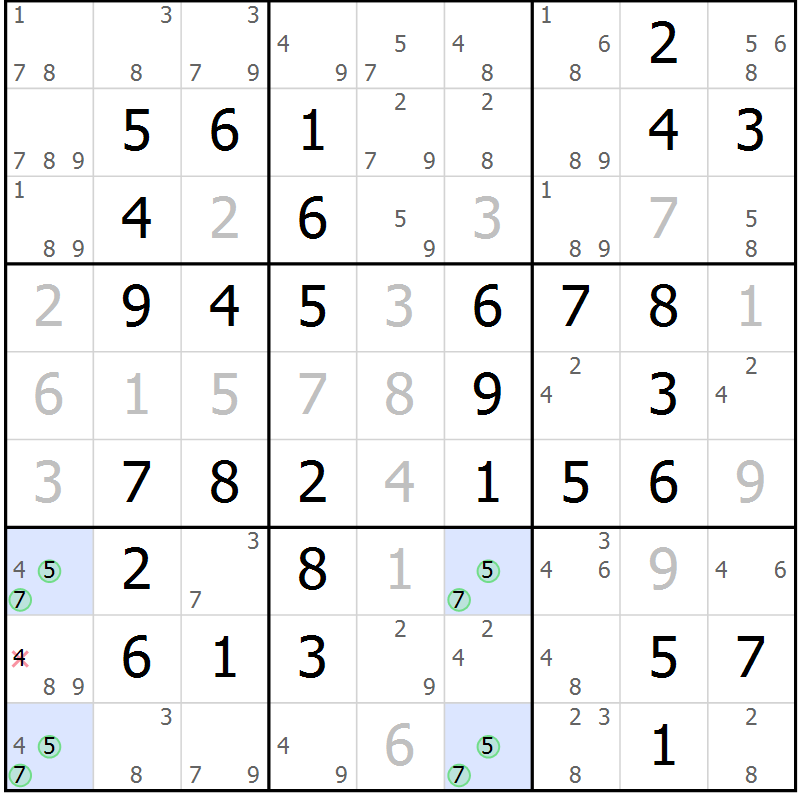 Position des candidats pour la solution de la Gr 54 page 57 du magazine de sudoku Virtuose n° 126