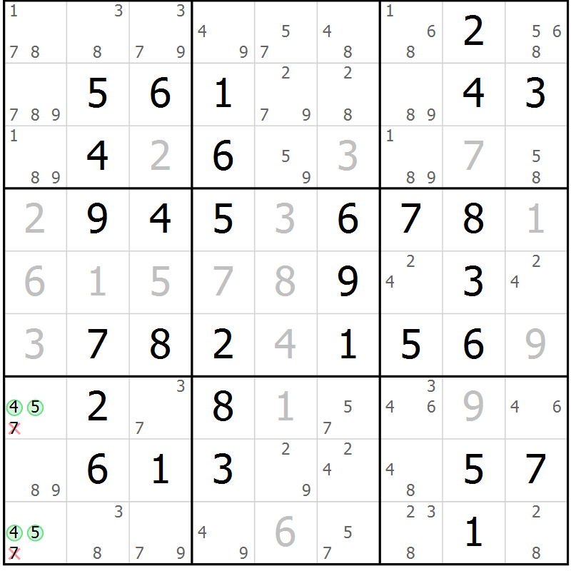 Position des candidats pour la solution de la Gr 54 page 57 du magazine de sudoku Virtuose n° 126