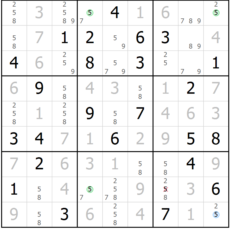 Position des candidats pour la solution de la Gr 55 page 58 du magazine de sudoku Virtuose n° 126