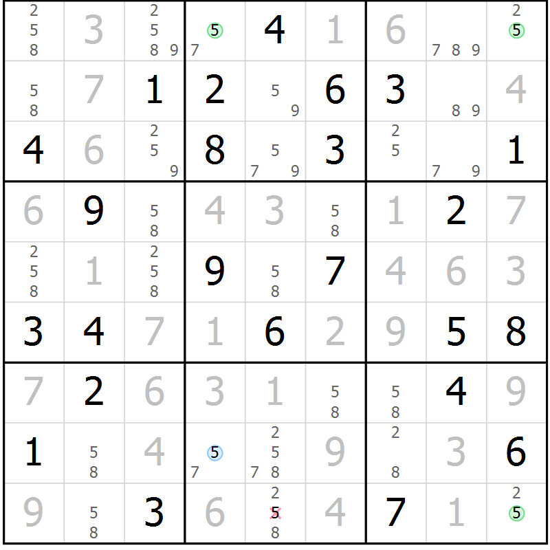 Position des candidats pour la solution de la Gr 55 page 58 du magazine de sudoku Virtuose n° 126