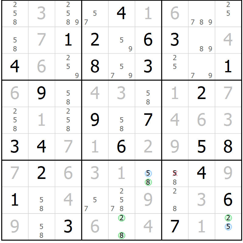 Position des candidats pour la solution de la Gr 55 page 58 du magazine de sudoku Virtuose n° 126