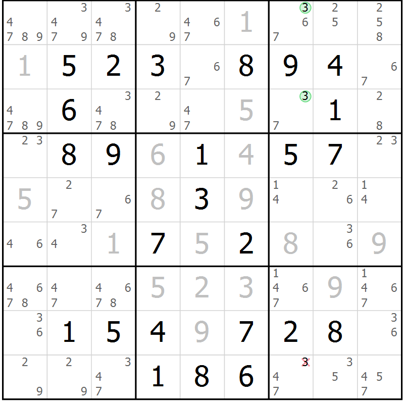 Position des candidats pour la solution de la Gr 56 page 59 du magazine de sudoku Virtuose n° 126